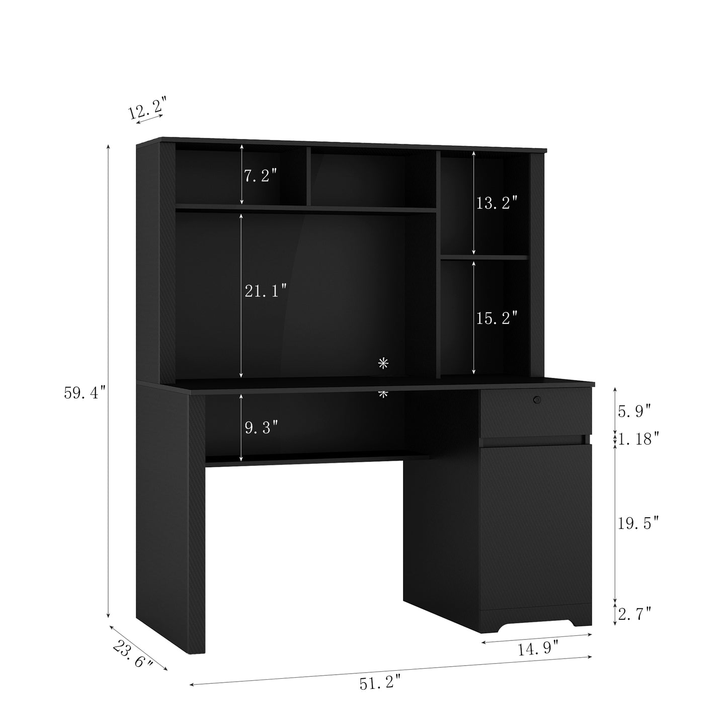 Smart Black Writing Desk with Hutch and Charging Ports