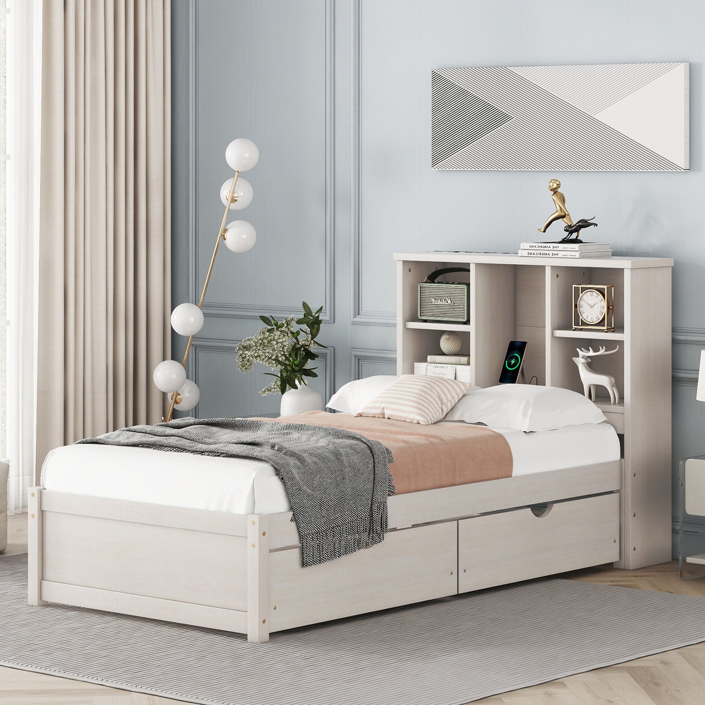 Sleek Twin Bed with USB Charging and Storage Headboard