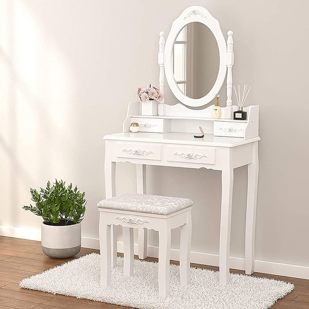 Chic Vanity Set with Cushioned Stool and Oval Mirror