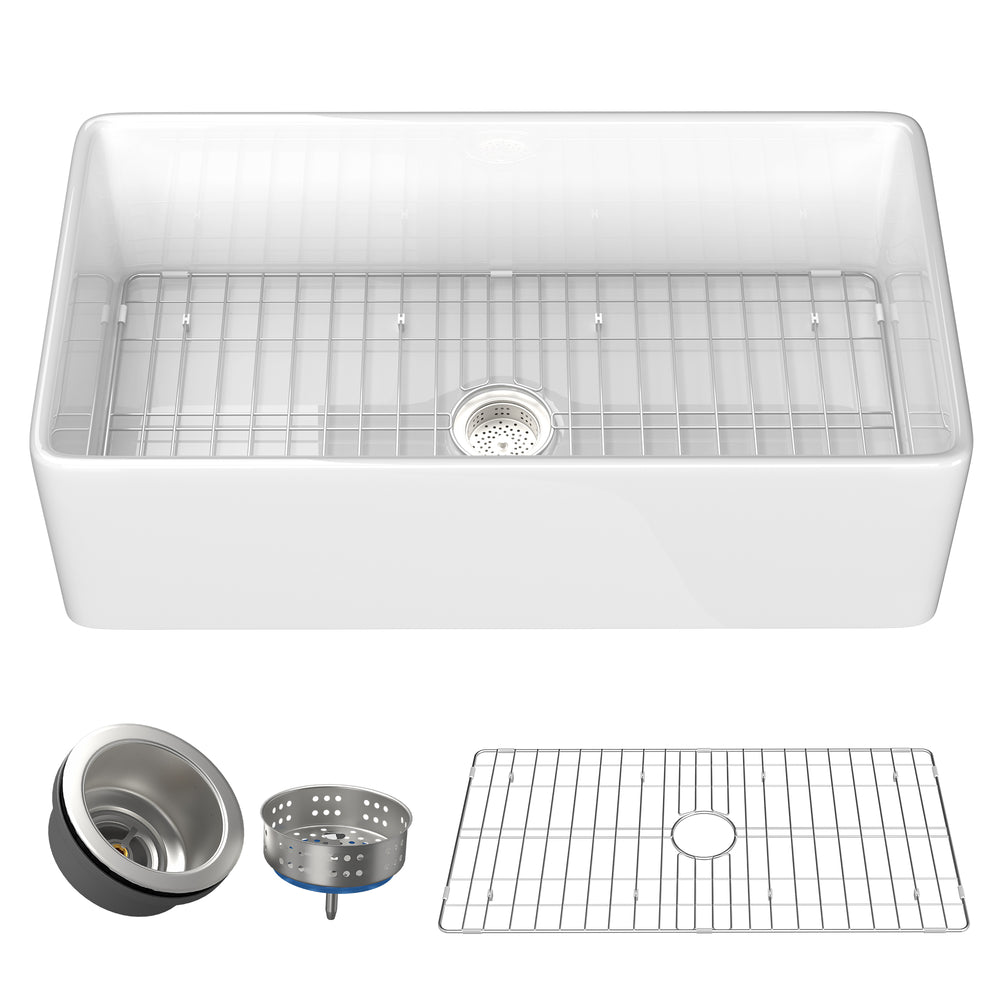 Charming White Farmhouse Sink with Drain & Grid