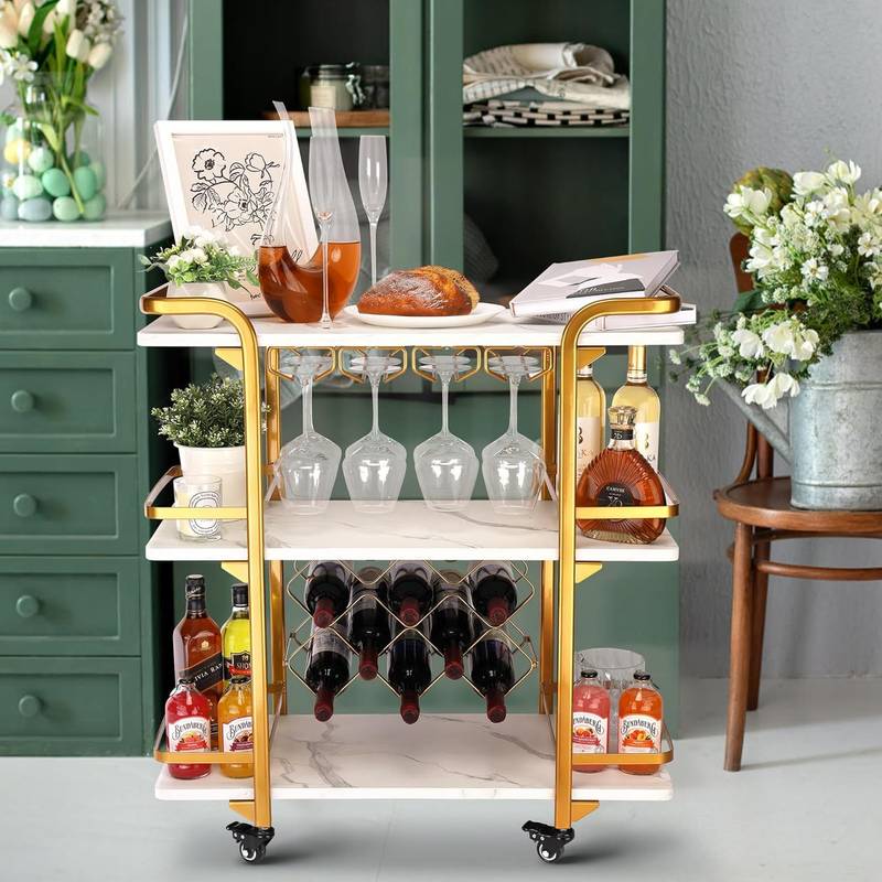 Glam Gold Bar Cart - Chic 3-Tier Storage & Wine Rack on Wheels