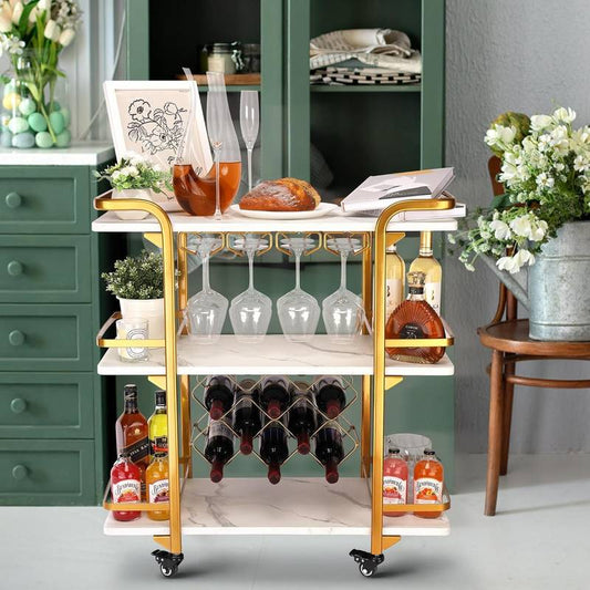 Glam Gold Bar Cart - Chic 3-Tier Storage & Wine Rack on Wheels