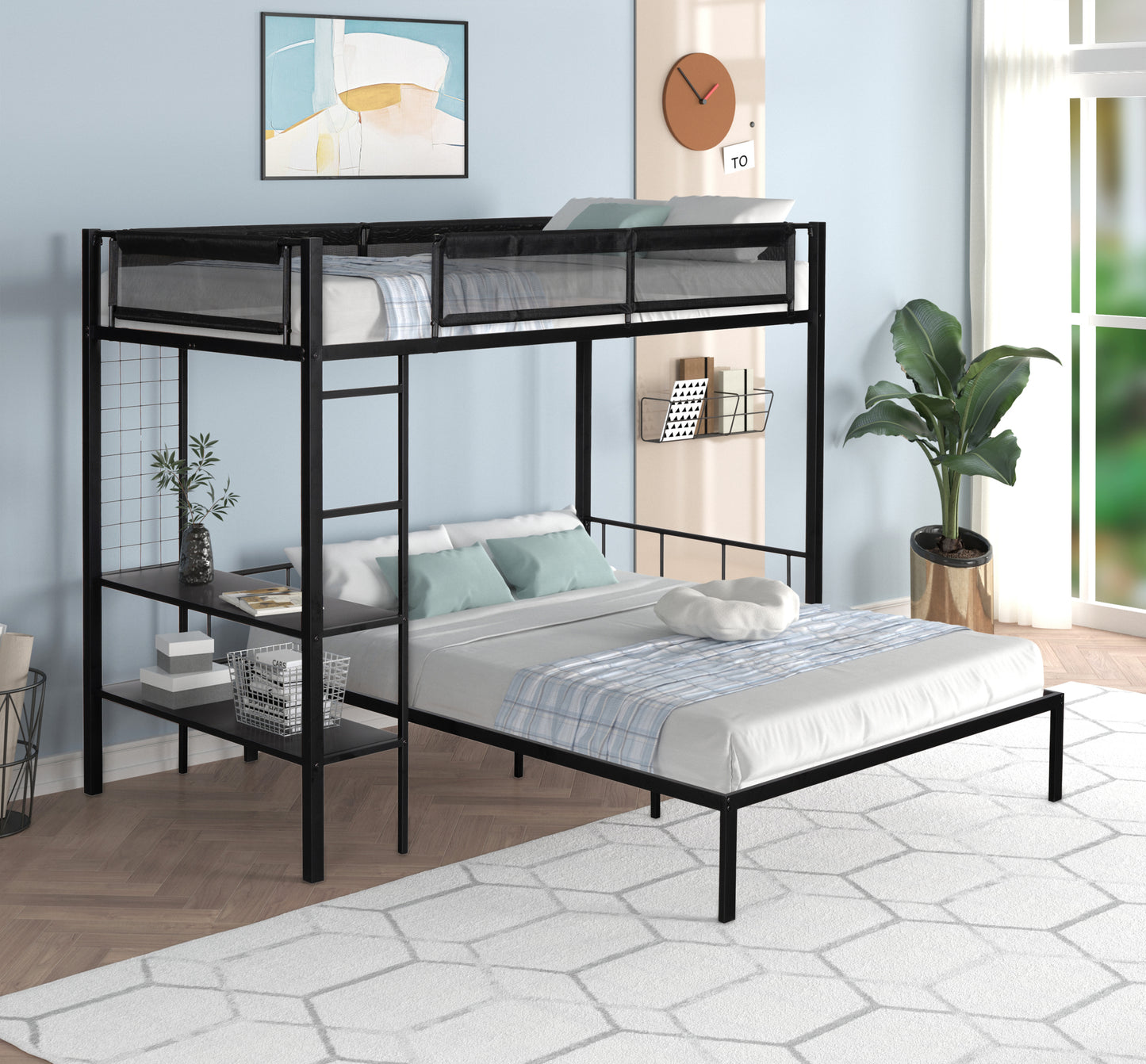 Cozy Metal Bunk Bed with Shelves & Guardrails