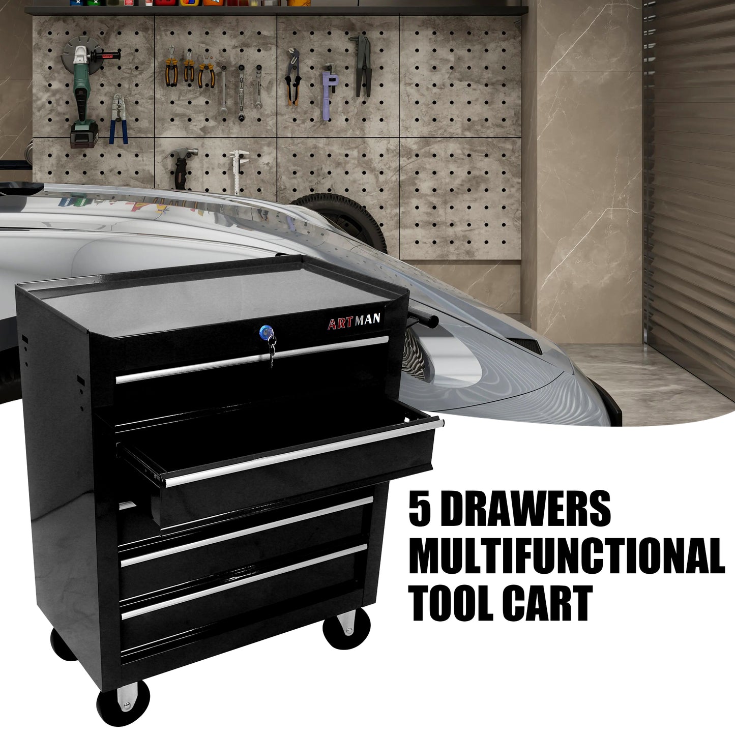 Rolling Tool Organizer with Five Drawers - Black