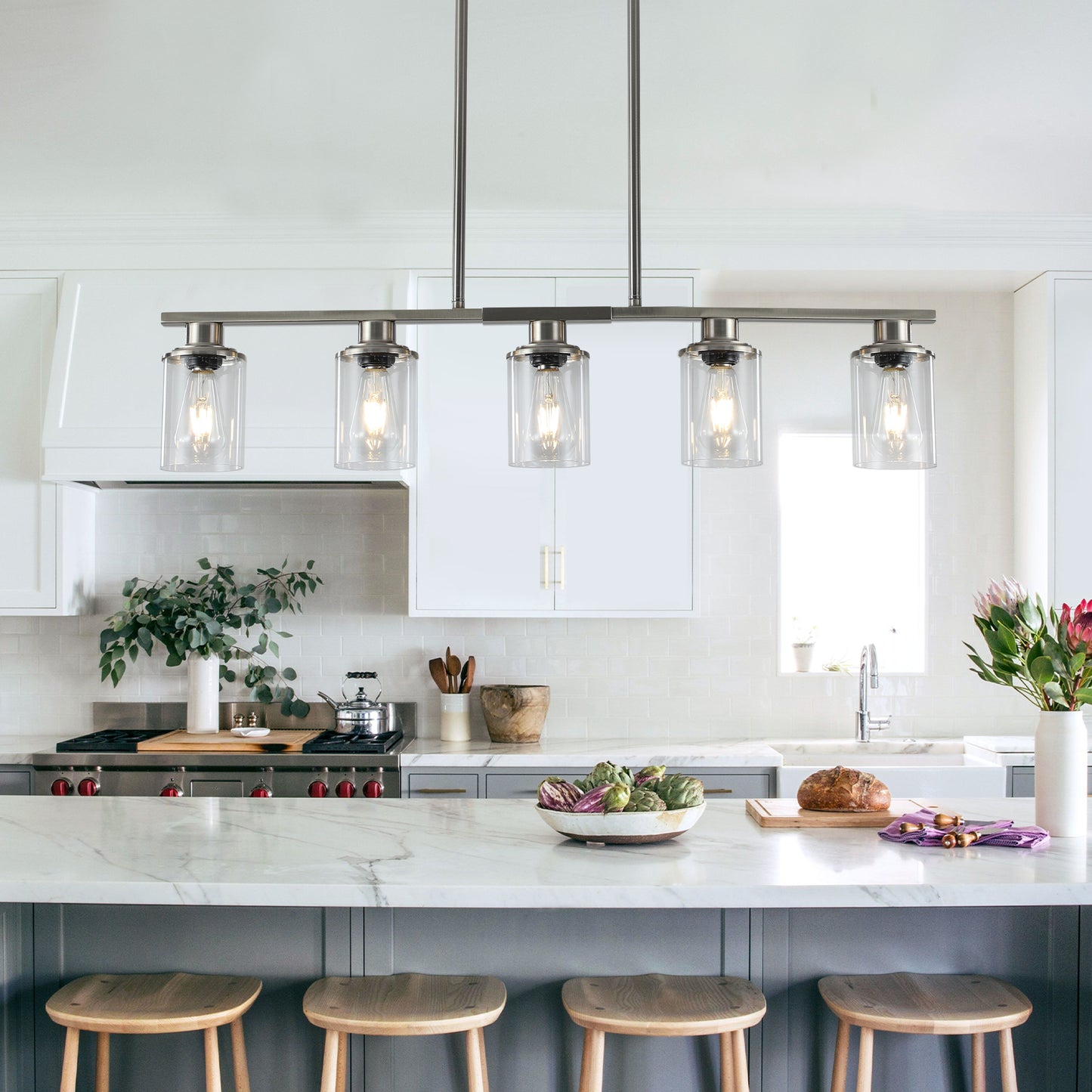 Modern Brushed Nickel Chandelier with Clear Glass Shades