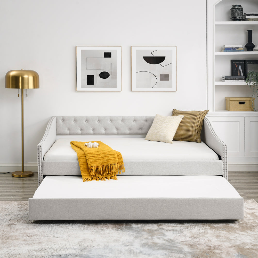 Cozy Chic Daybed with Hidden Trundle - Beige Tufted Sofa Bed