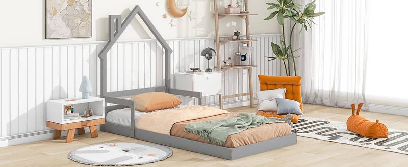 Cozy Twin House Bed with Handrails - Grey