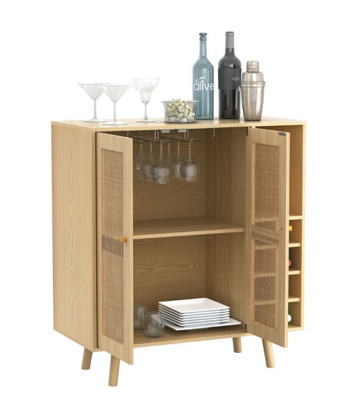 Chic Boho Bar Cabinet with Rattan Doors and Stylish Wine Storage