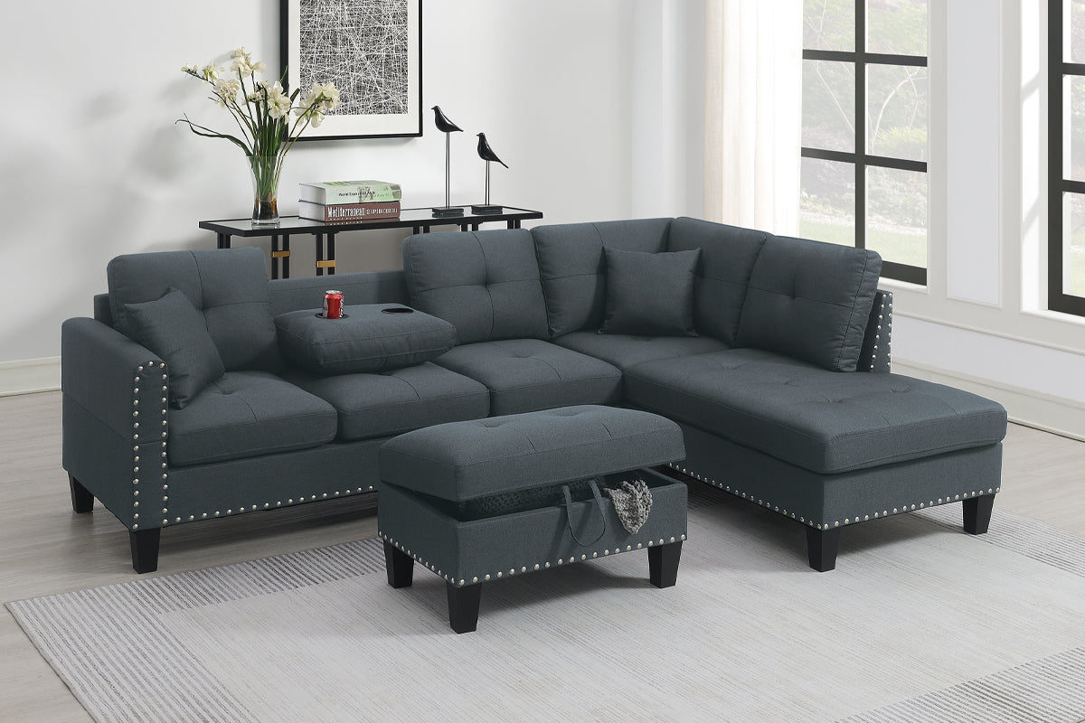 Charcoal Comfort Sectional Sofa Set with Storage Ottoman