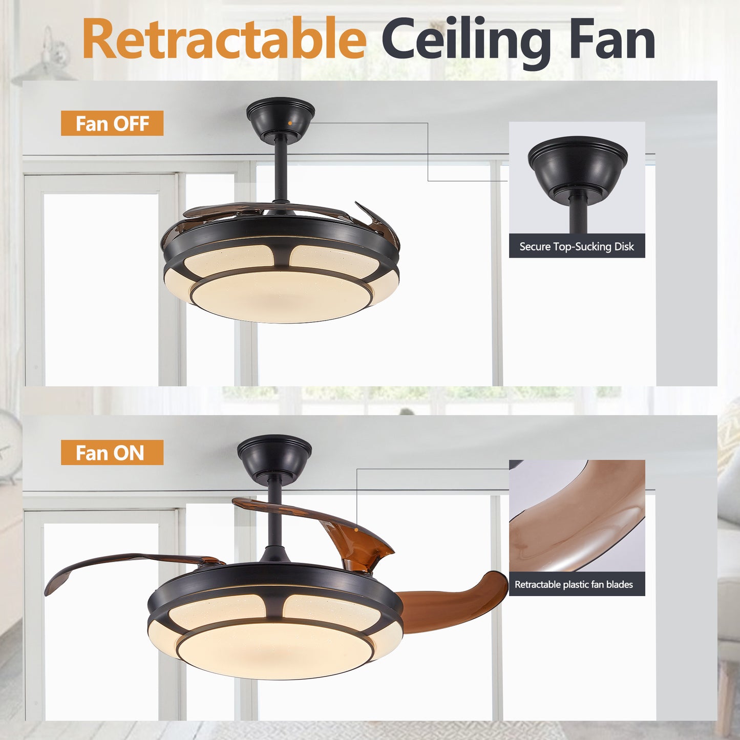 Sleek Retractable Ceiling Fan Light