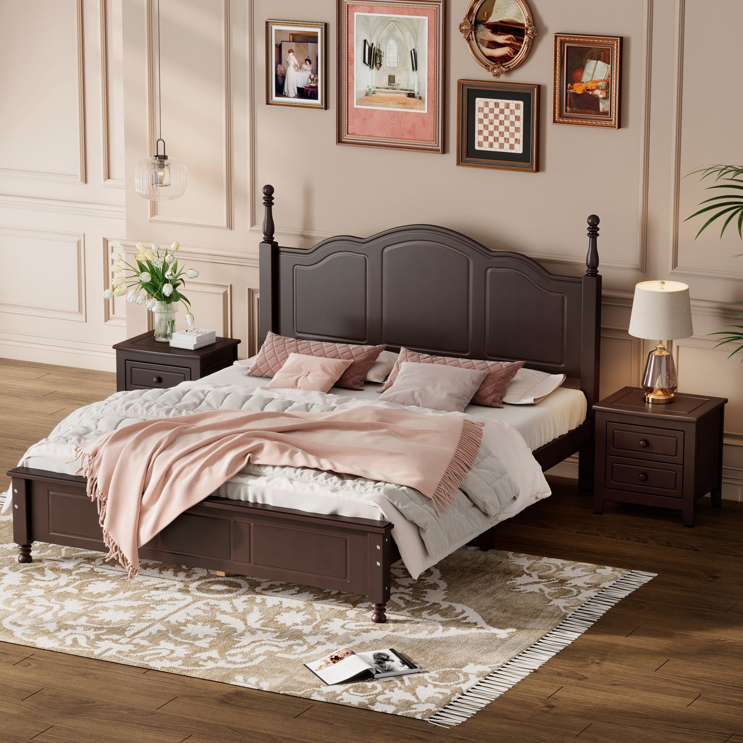 Chic Walnut Bedroom Set with Bed and Nightstands