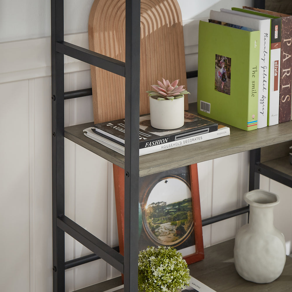 Industrial Triple Wide Wooden Bookshelf - Grey Retro Charm for Home & Office