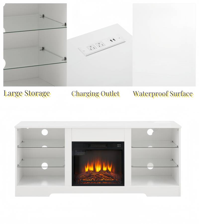 Modern Electric Fireplace TV Stand with LED Lights and USB Charging