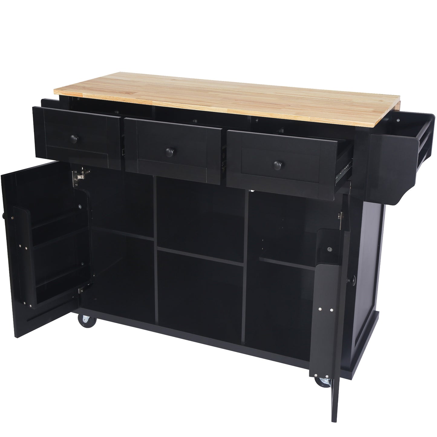 Versatile Black Kitchen Cart with Drop-Leaf Top and Storage Wheels