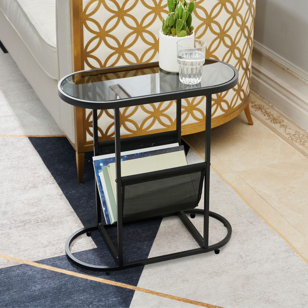 Chic Oval Glass Side Table with Magazine Storage