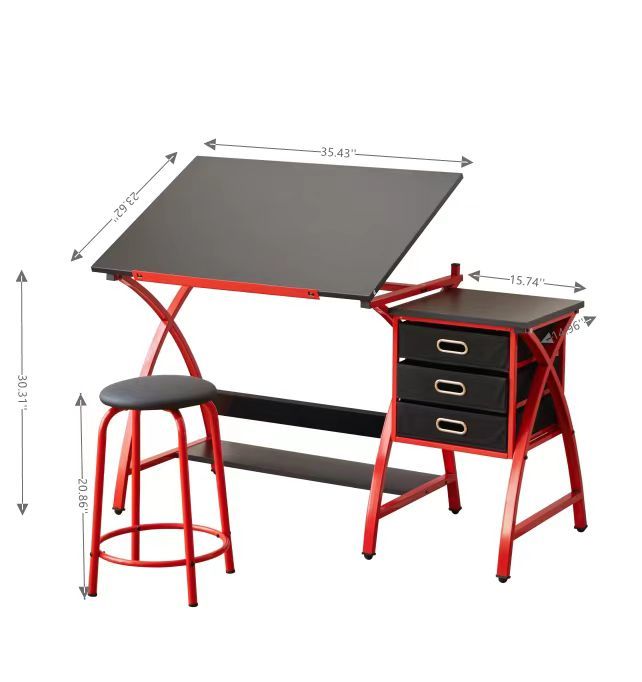 Chic Red Drafting Table Set with Stool