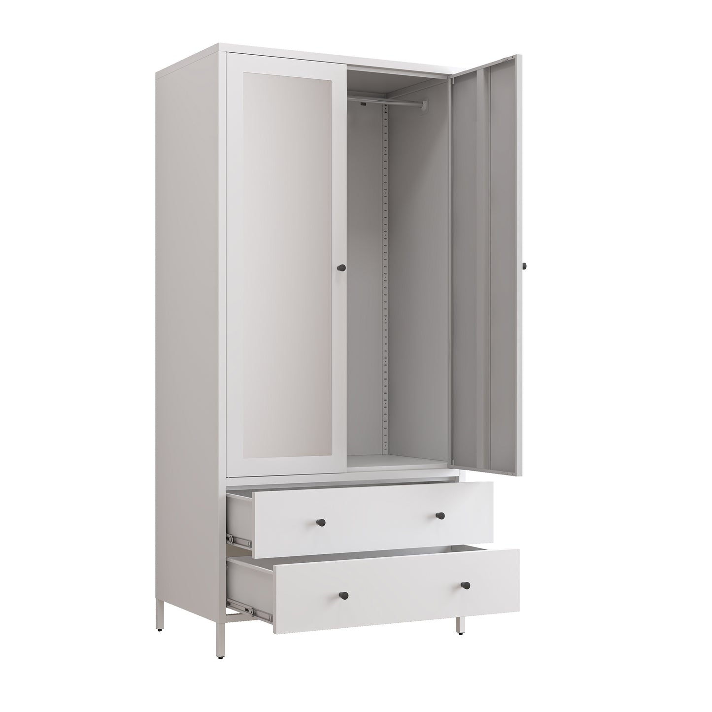 Chic White Metal Wardrobe with Mirror and Drawers