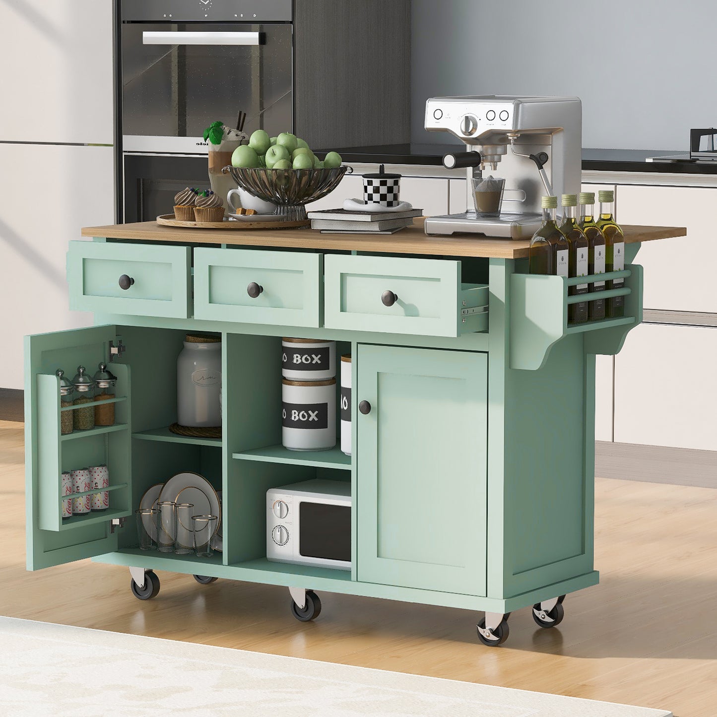 Mint Green Kitchen Island on Wheels with Drop-Leaf Countertop & Storage