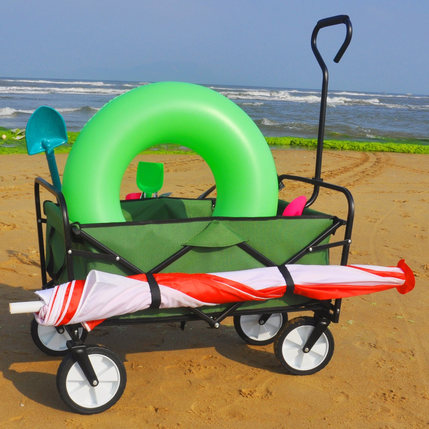 Green Foldable Wagon for Shopping and Beach Fun