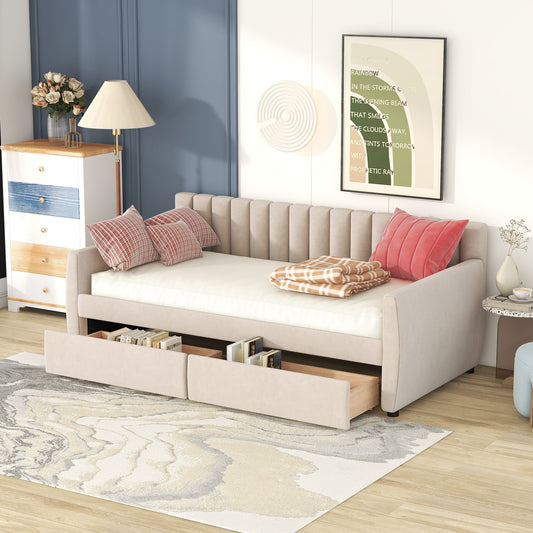 Cozy Beige Upholstered Daybed with Storage Drawers