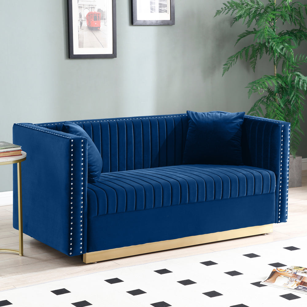 Chic Velvet Channel Tufted Loveseat in Blue