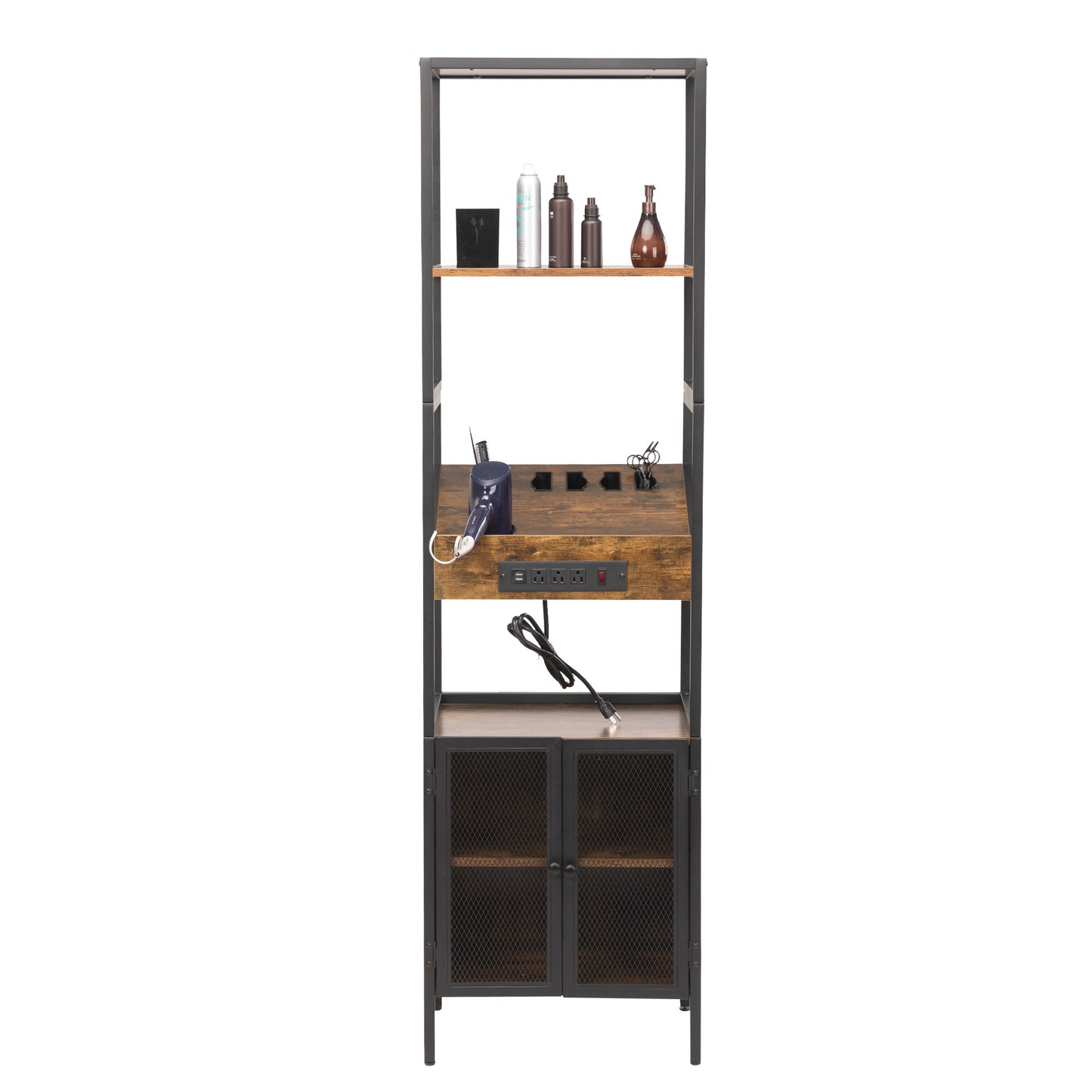 Vintage Hair Salon Storage Cabinet with Open Shelves