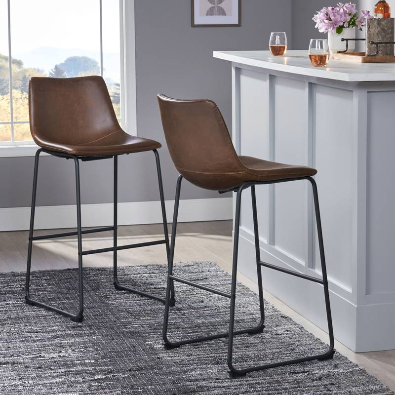 Chic Vintage Brown Faux Leather Barstools - Set of Two
