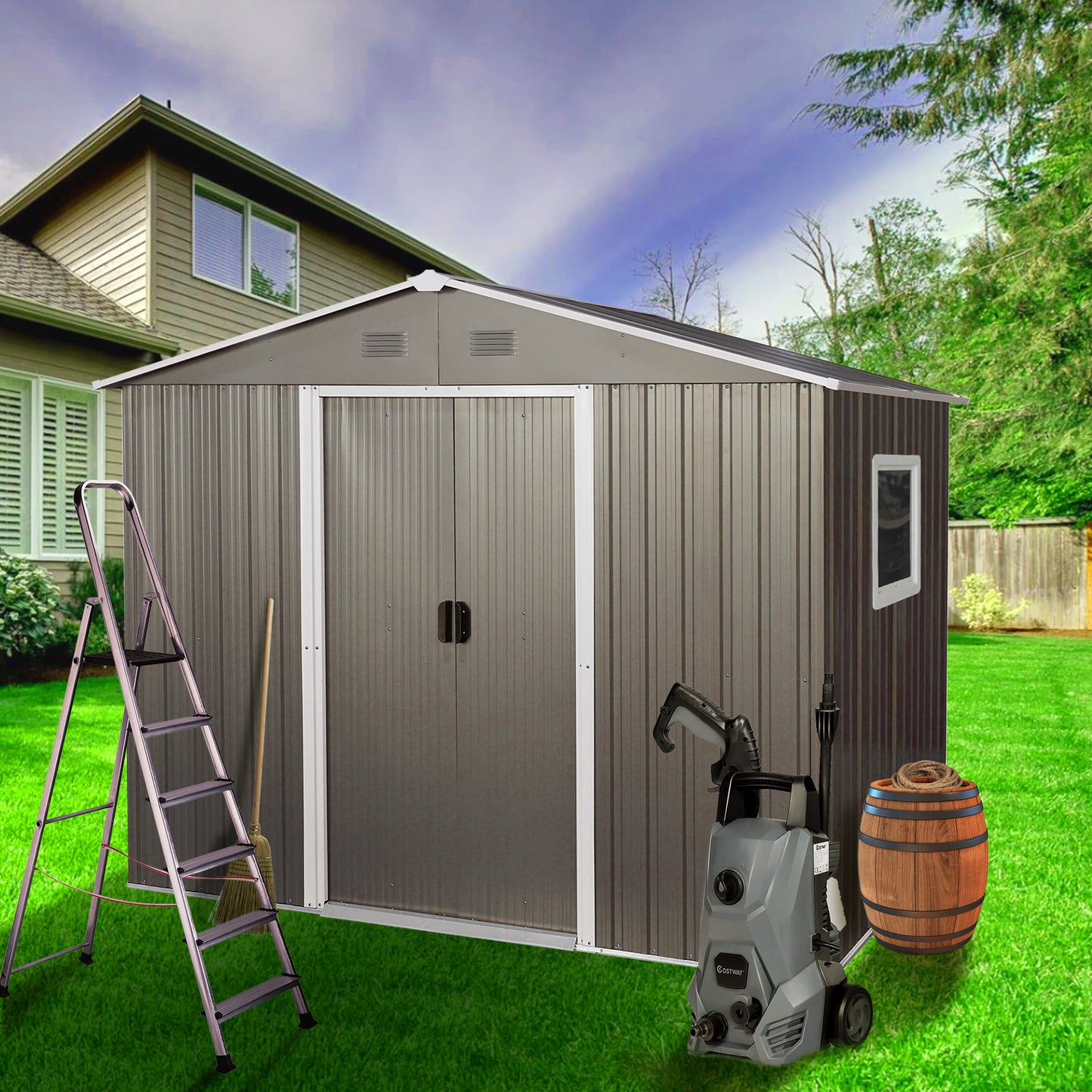 Spacious Grey Outdoor Storage Shed with Window