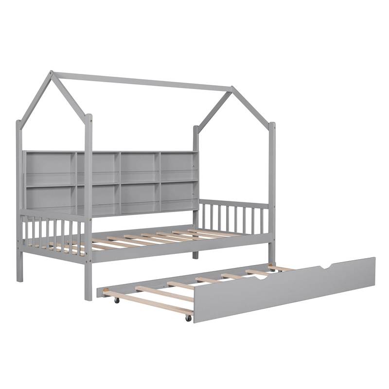 Cozy Gray House Bed with Trundle for Kids