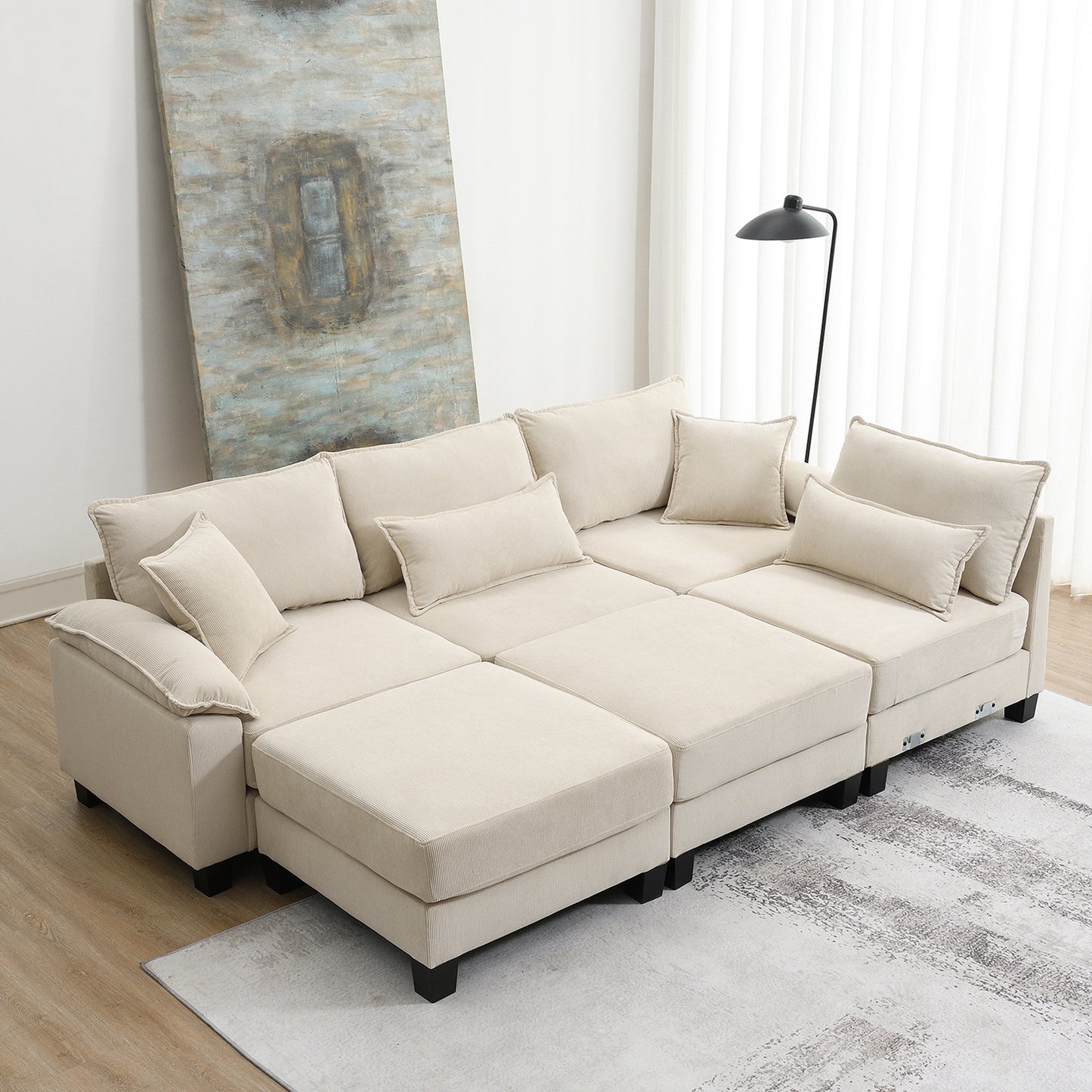 Cozy Corduroy Sectional Sofa Bed with Ottomans & Pillows