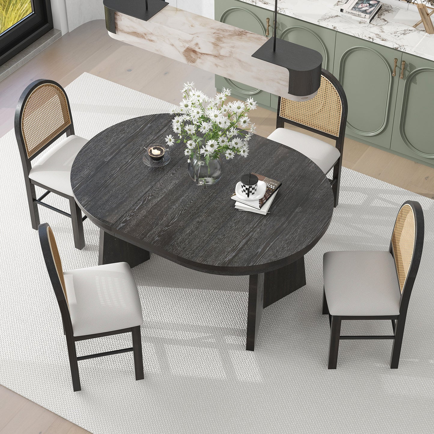 Vintage Vibes Dining Set: Extendable Table & Cozy Upholstered Chairs