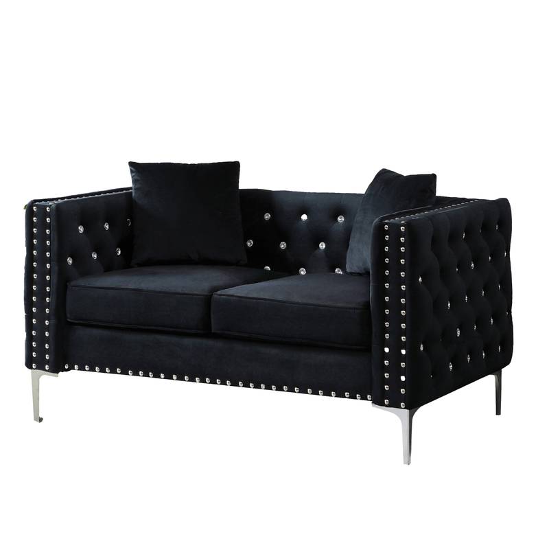 Luxurious Black Velvet Jewel Button Sofa with Pillows