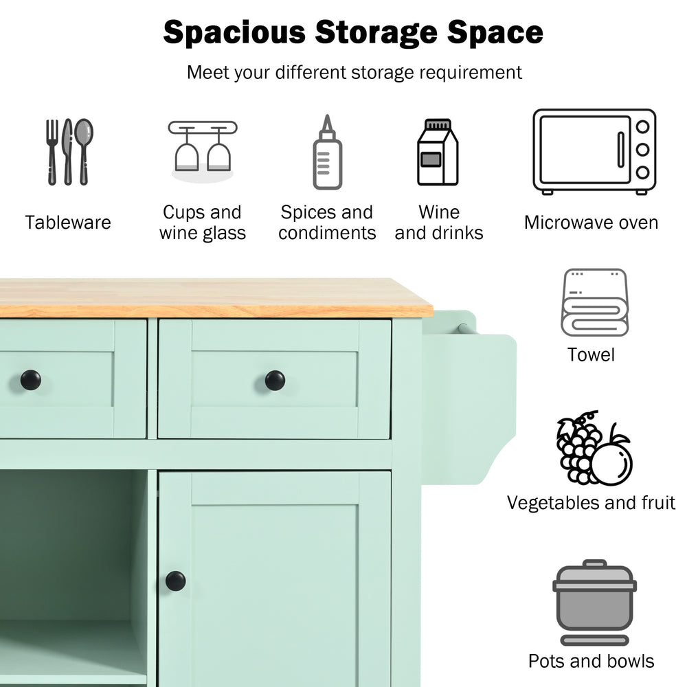 Mint Green Kitchen Island on Wheels with Drop-Leaf Countertop & Storage