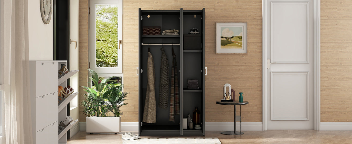 Chic Black Wardrobe with Mirror and Shelves