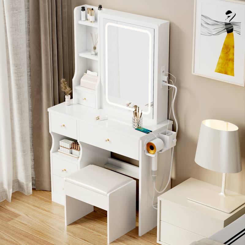 Chic Space-Saver Vanity Set with LED Mirror & Power Hub