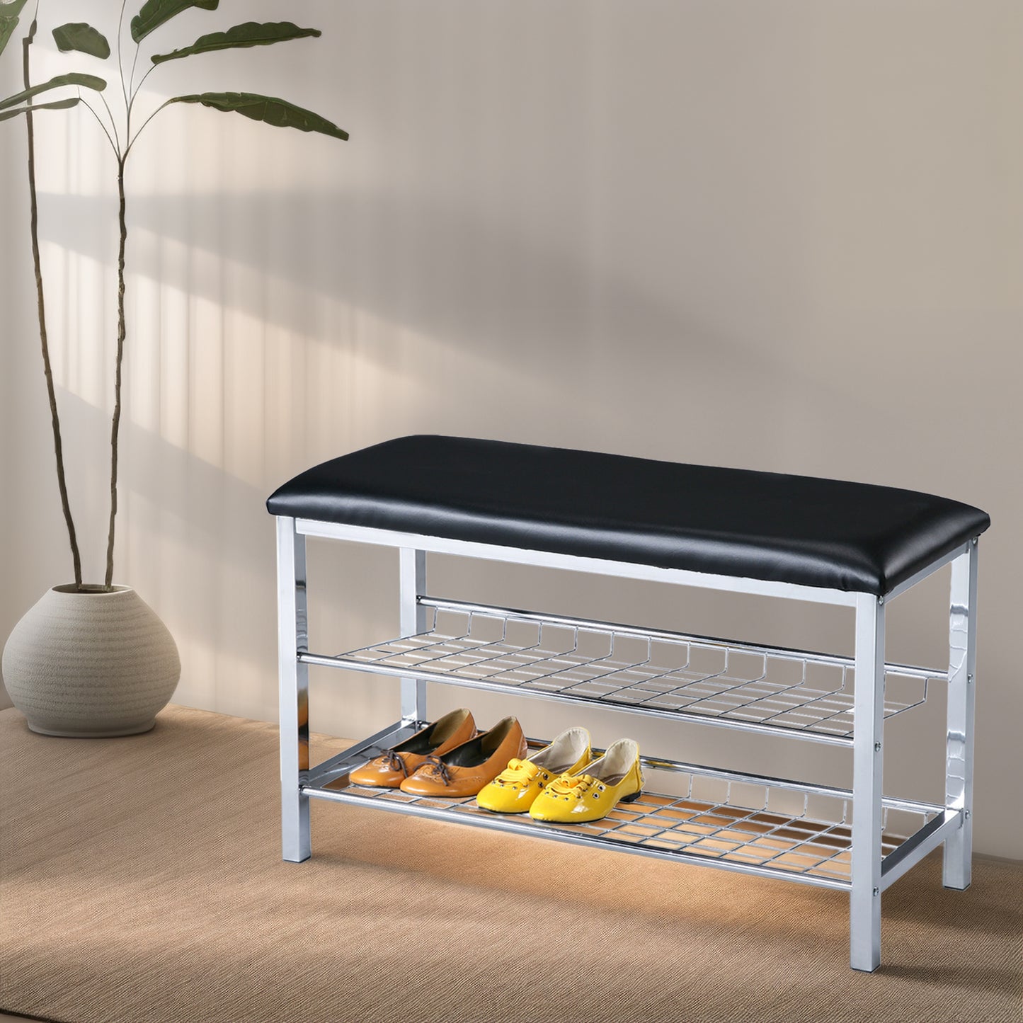 Chic Metal Shoe Bench with Luxe Black Seat