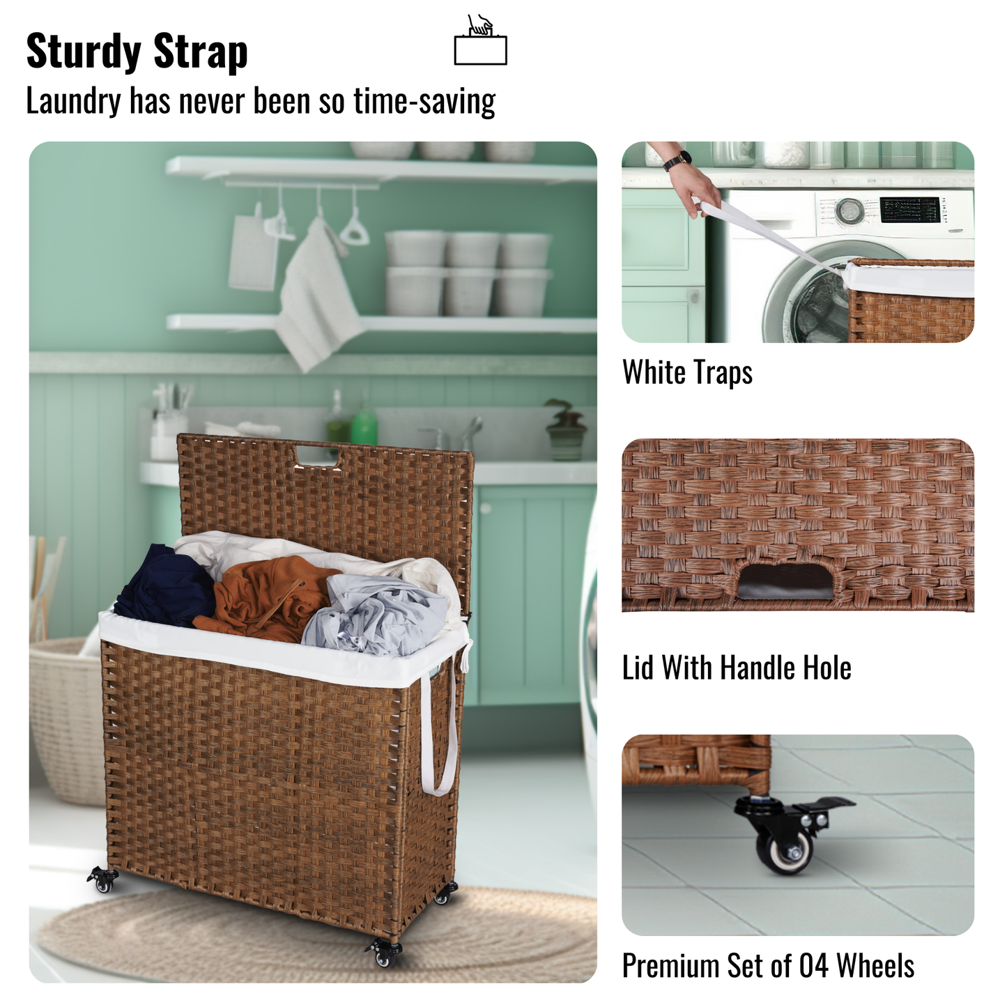 Stylish Brown Laundry Hamper with Lids and Wheels