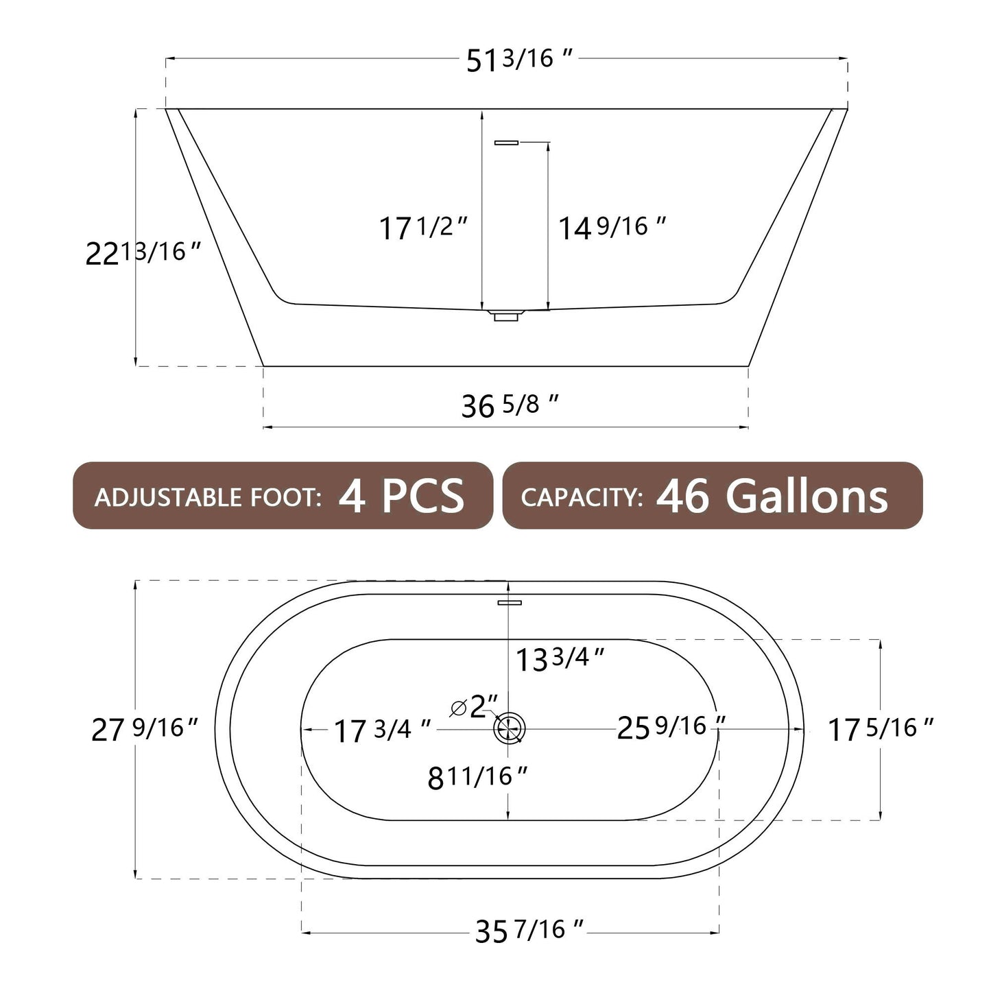 Sleek Oval Freestanding Soaking Tub - Modern Comfort with Chrome Drain