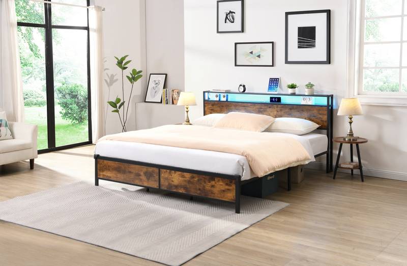Rustic King Bed Frame with LED Lights and USB Ports