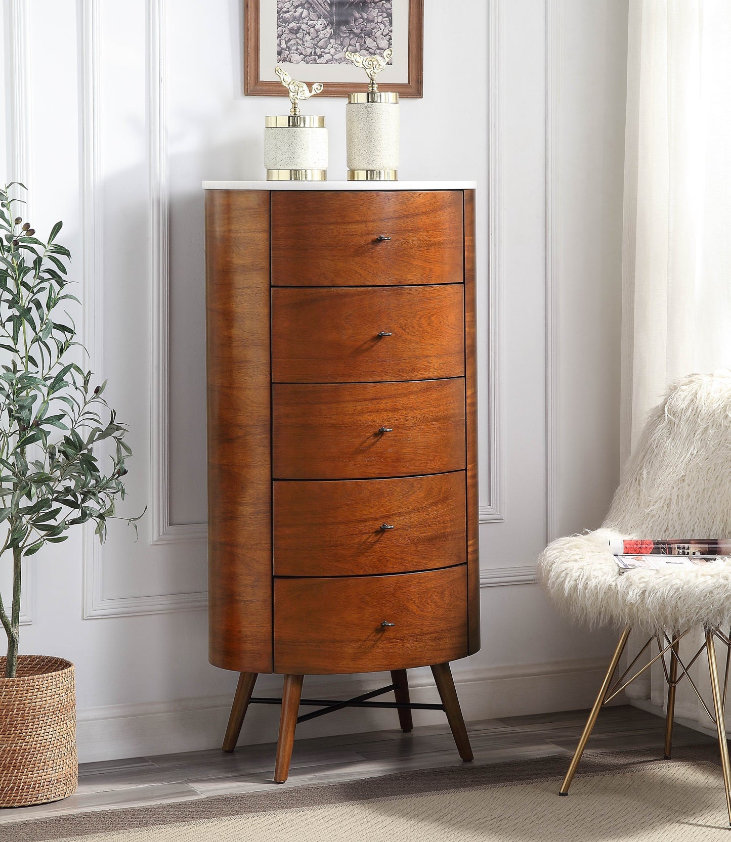 Chic Walnut Drawer Chest with Marble Top