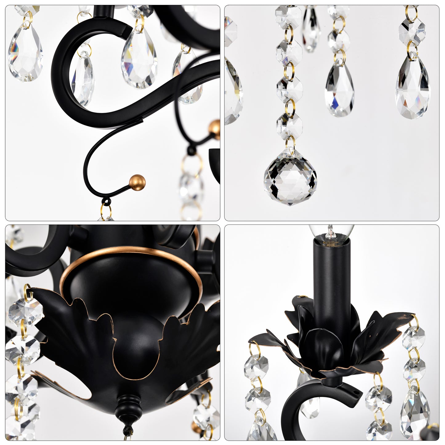 Radiant Vintage Crystal Chandelier - Matte Black & Gold Elegance