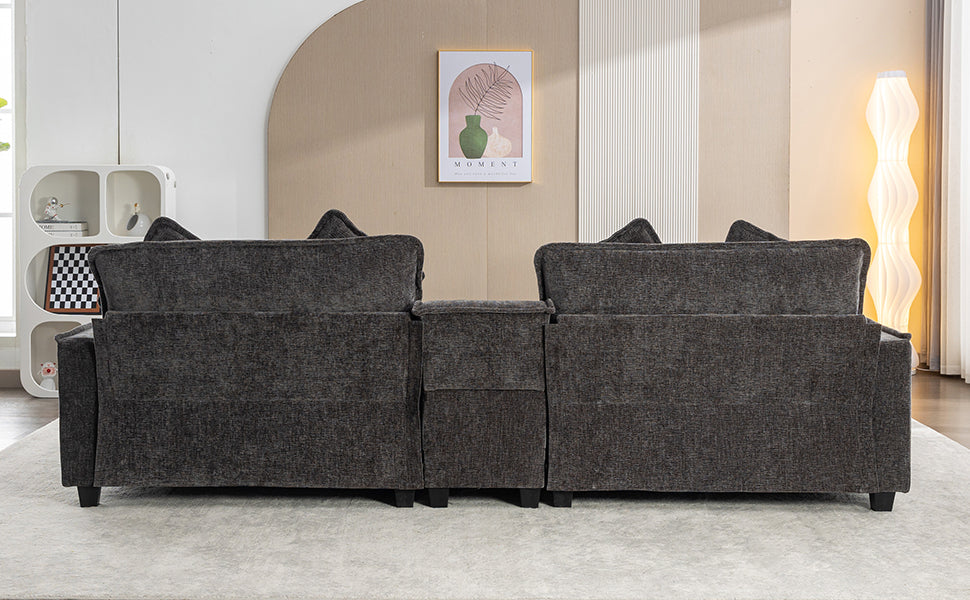 Cozy Black Chenille Sectional Sofa with Ottomans and USB Ports