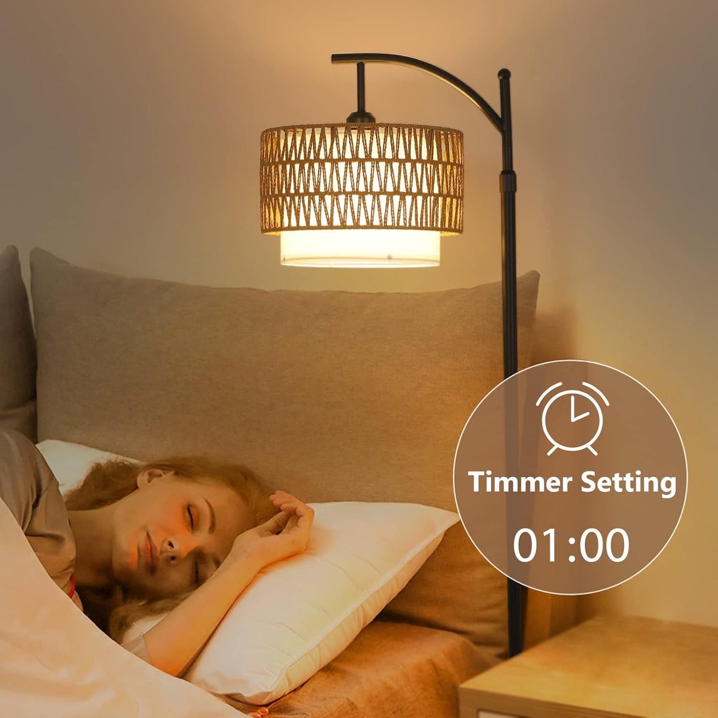 Cozy Arc Floor Lamp with Remote Control and Dimmable Rattan Shades