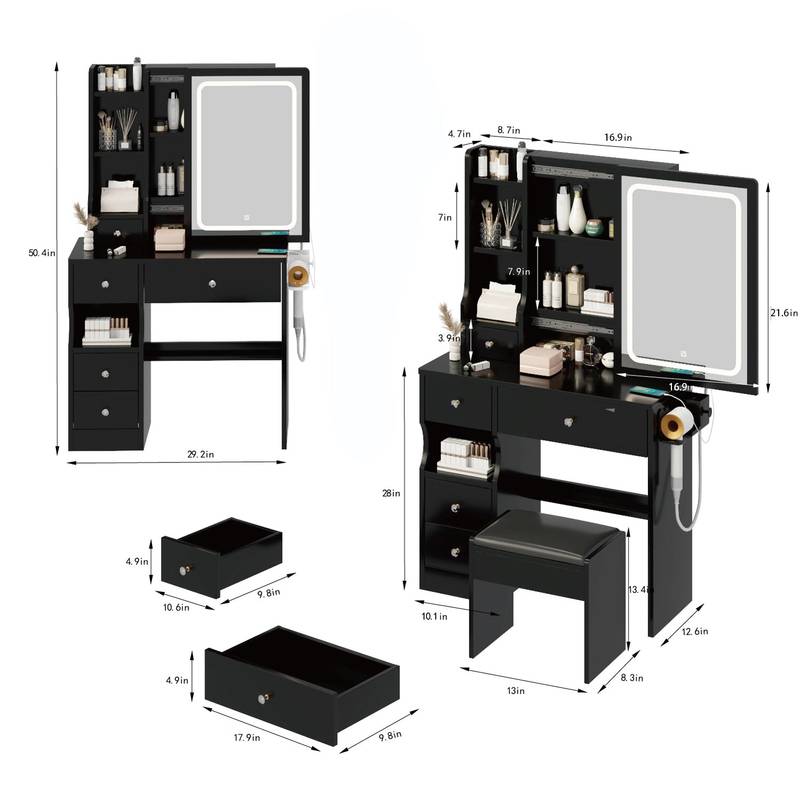 Chic Space-Saver Vanity Set with LED Mirror & Power Hub