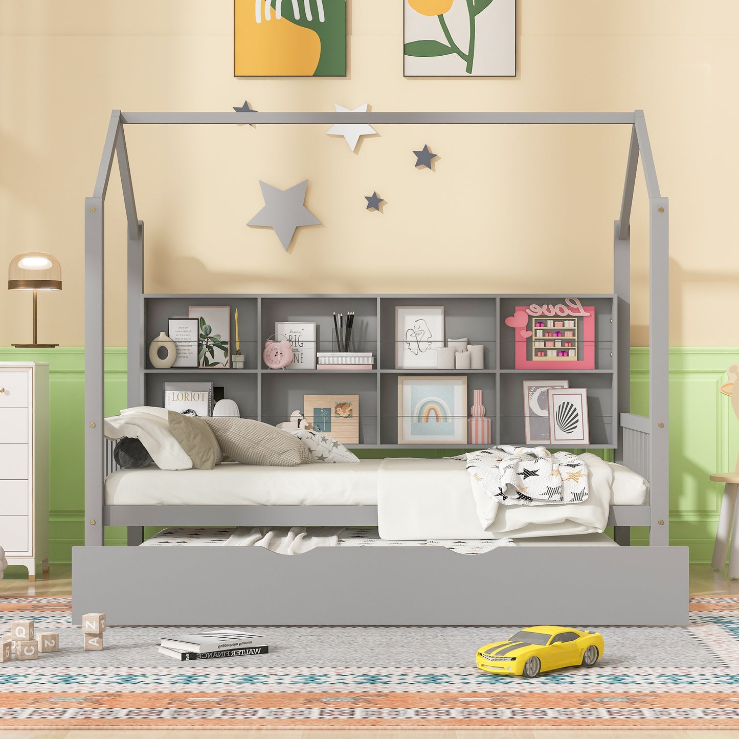 Cozy Gray House Bed with Trundle for Kids