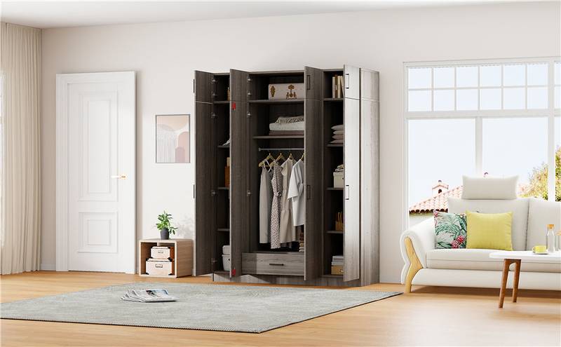 Stylish Gray Four-Door Wardrobe with Drawer and Cabinet