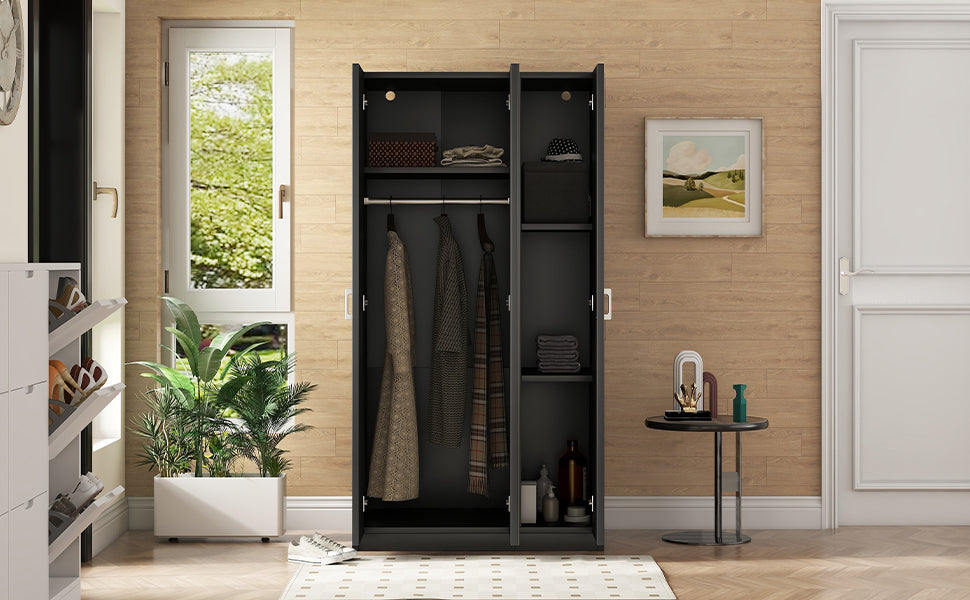 Chic Black Wardrobe with Mirror and Shelves