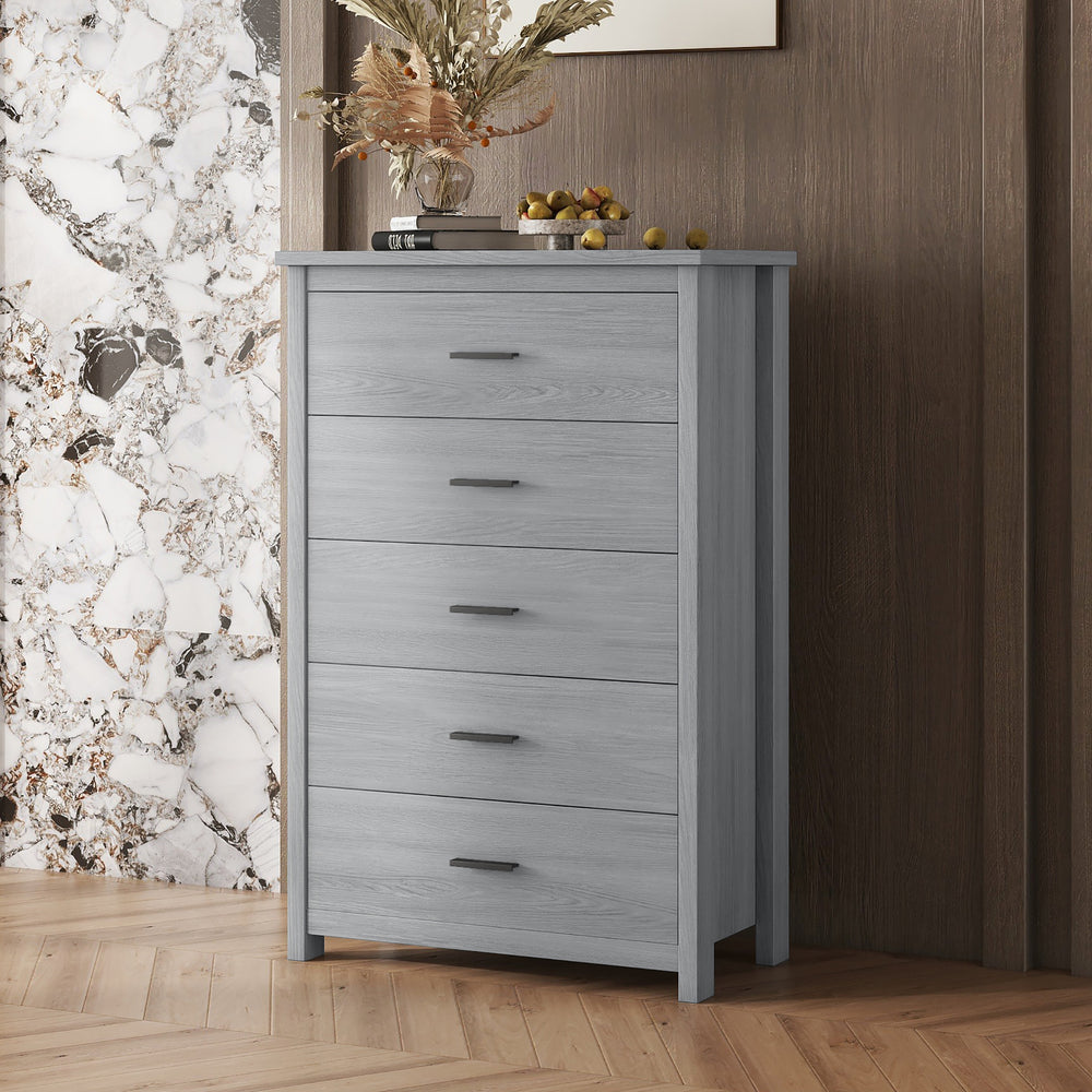 Rustic Charm Wooden Dresser with 5 Drawers in Light Gray