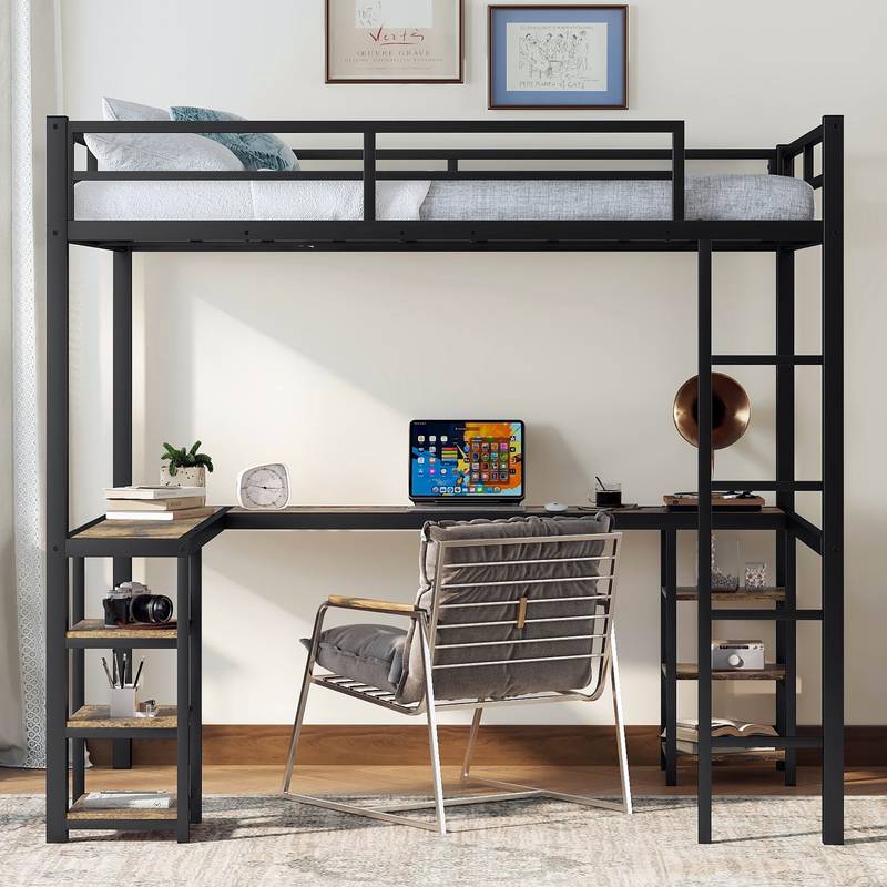 Chic Loft Bed with Desk & Shelves