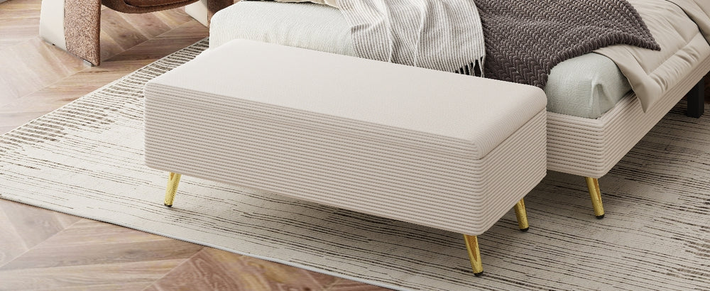 Chic Storage Ottoman with Metal Legs - Beige Corduroy Comfort